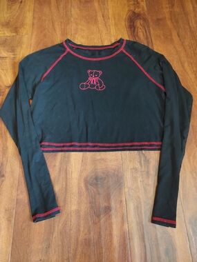 Black Crop Top with Red Stitching and Teddy Motif